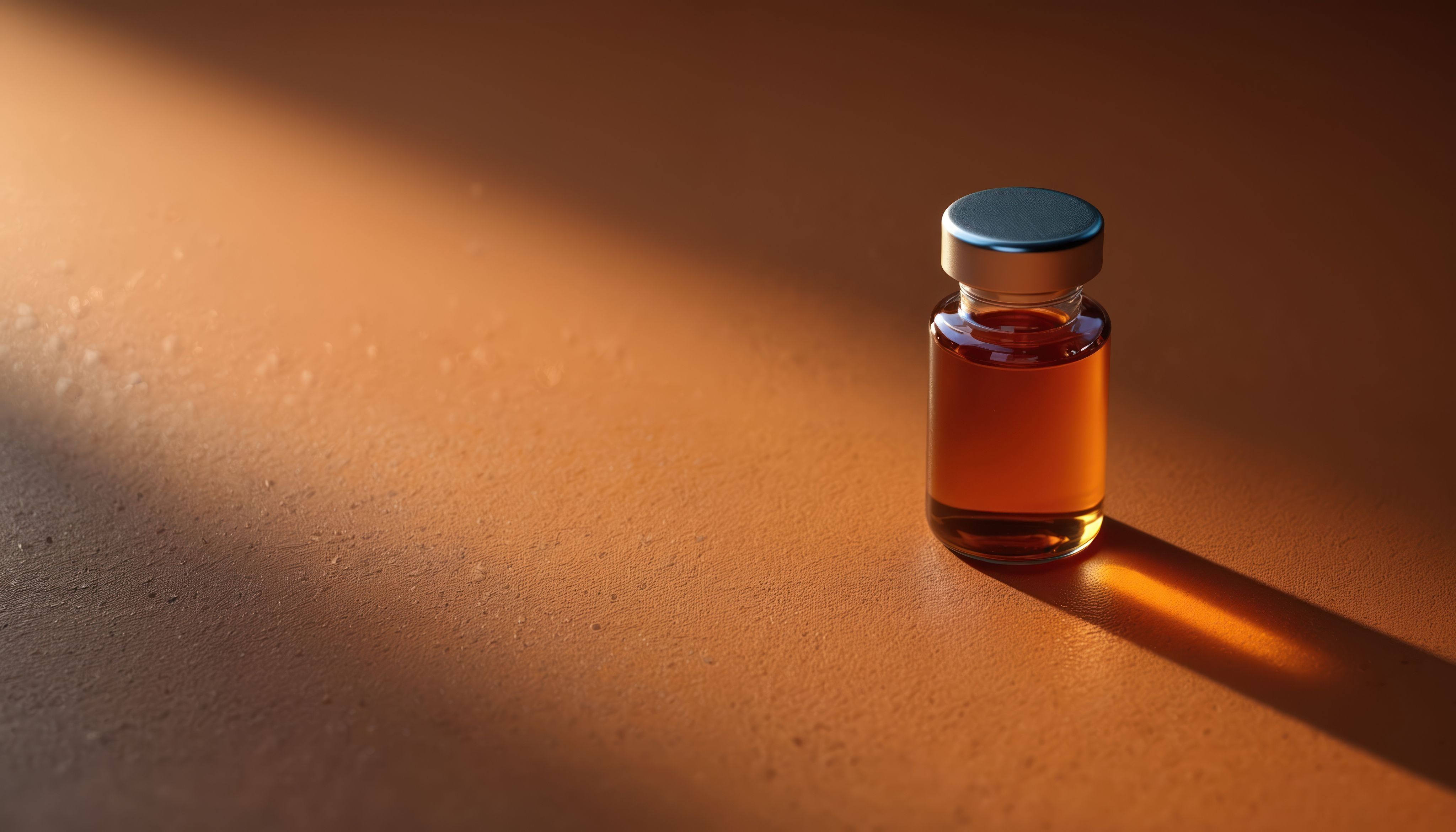 Amber peptide vial on a warm surface — personalized protocol imagery.