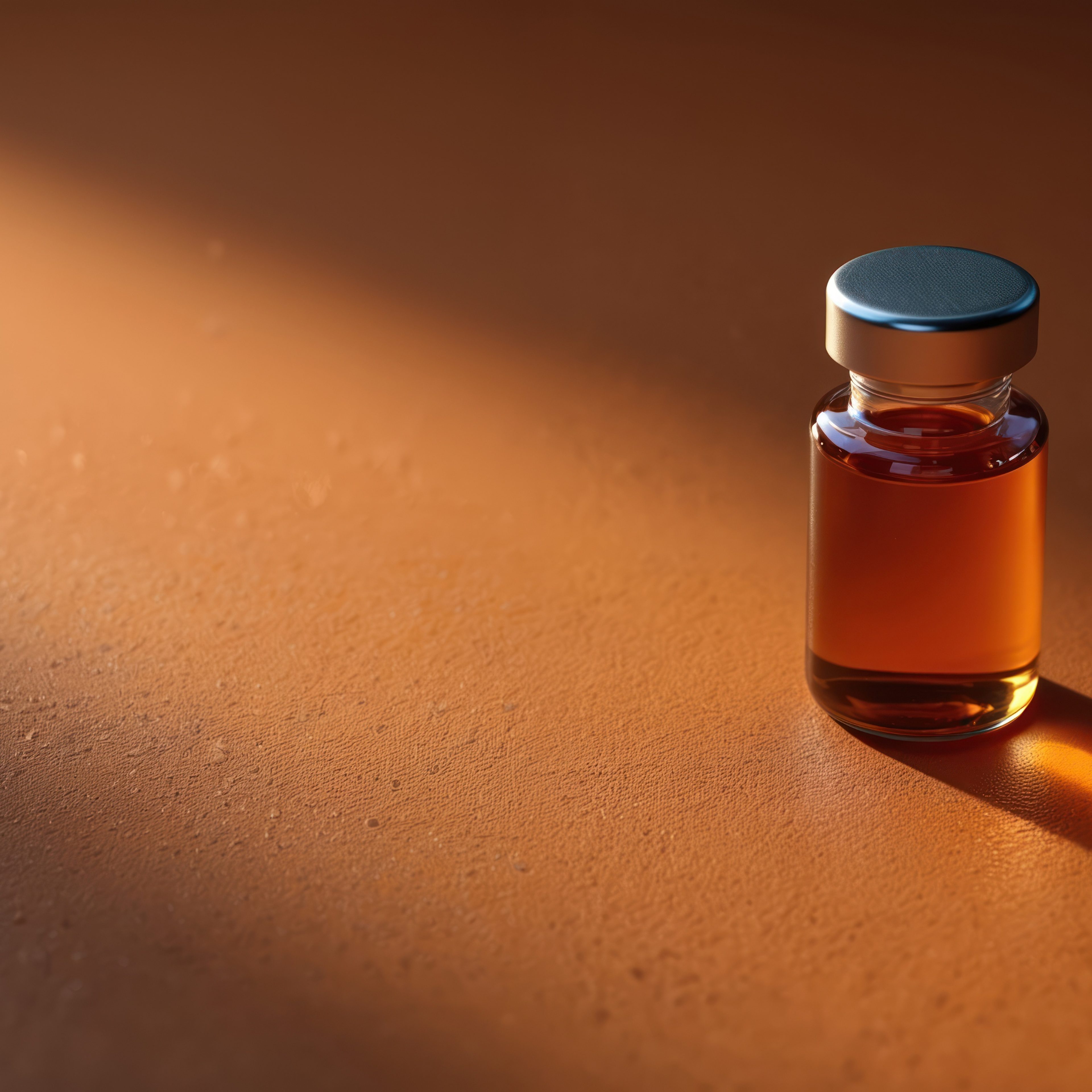 Amber peptide vial on a warm surface — personalized protocol imagery.